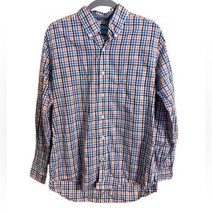 J. McLaughlin Plaid Button Up Shirt Blue Purple Orange Trim Fit Medium